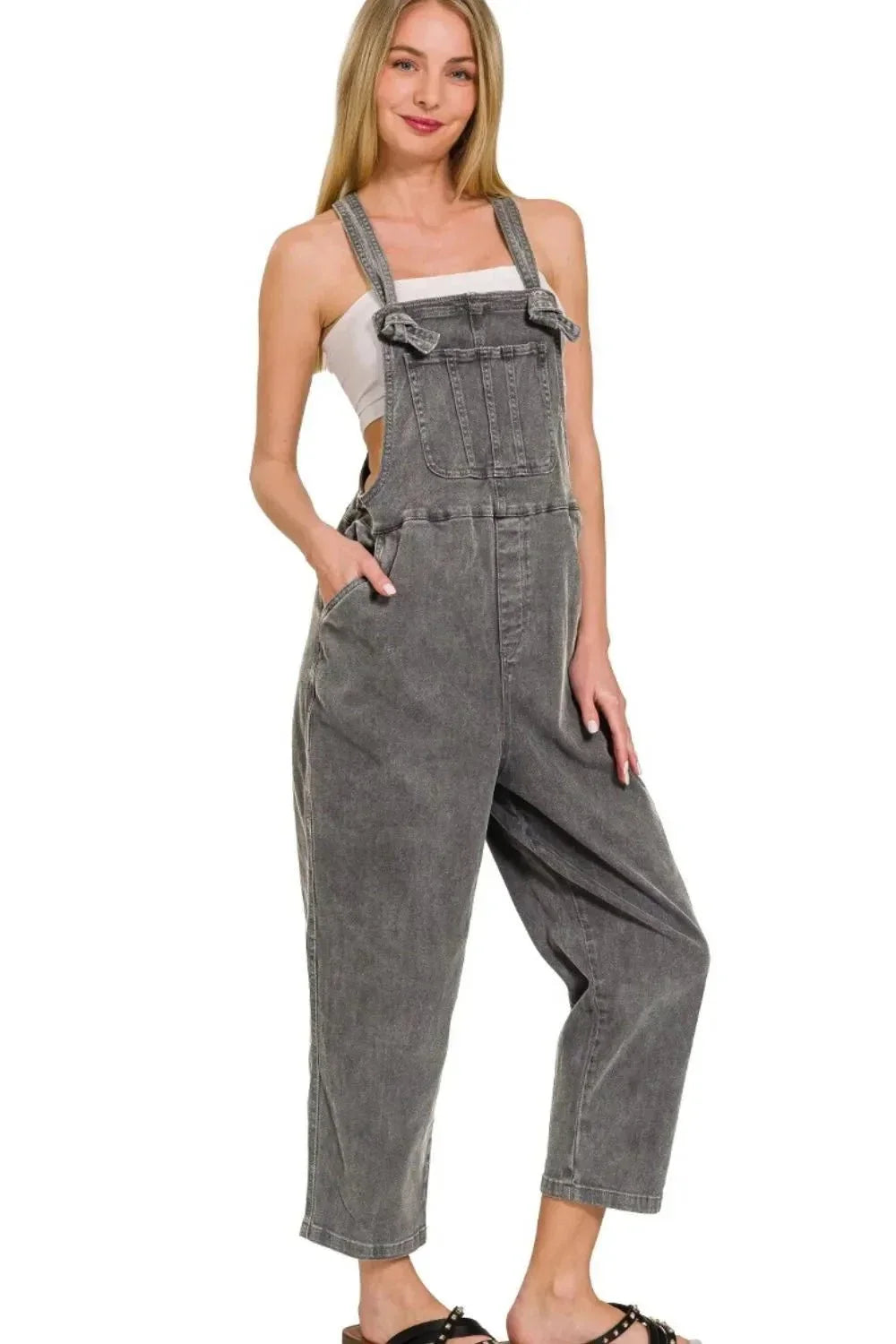 Zenana Washed Knot Strap Relaxed Fit Overalls - VILLA FASHION